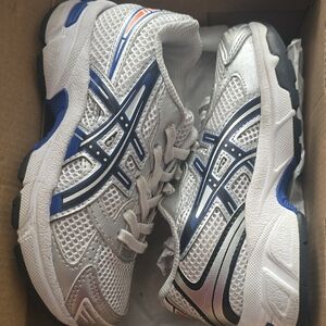 White and Blue Gently Worn Kids Asics Athletic Shoes